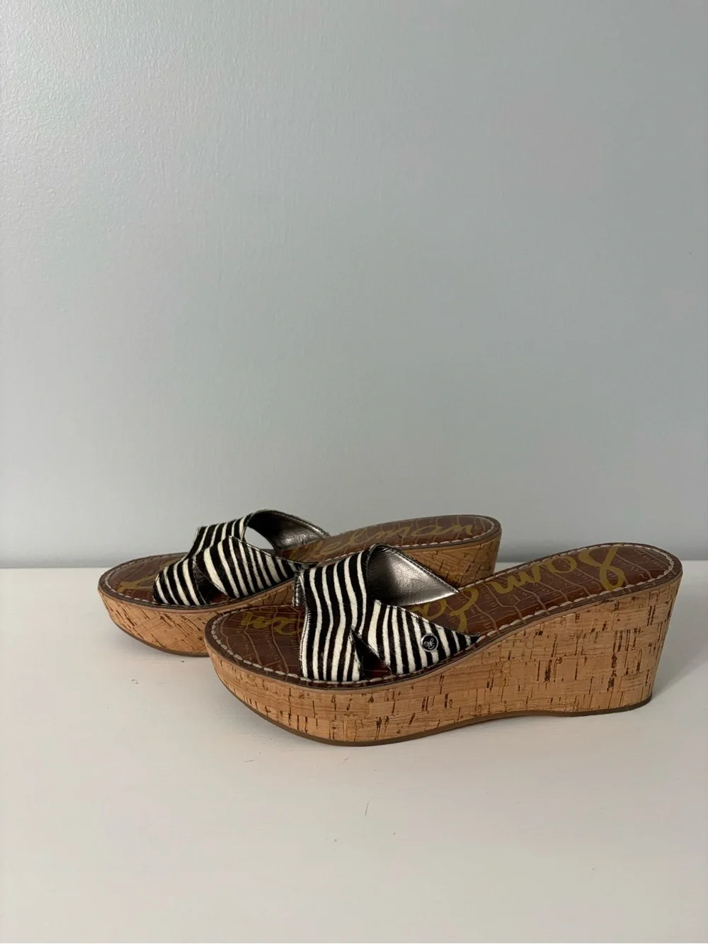 Sam Edelman Reid Zebra Print Calf Hair Cork Platform Wedge Slide Sandals 6.5M
